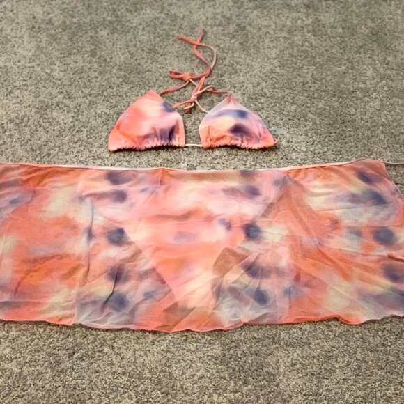 3pc Tie-Dye Triangle Top with String Bikini Set with a Matching Sheer Sarong - Picture 6 of 7